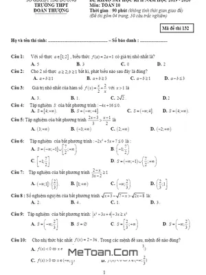 Đề sát hạch Toán 10 lần 3 năm 2019 - 2020 trường THPT Đoàn Thượng - Hải Dương