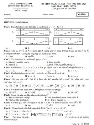Đề thi giữa HK1 Toán 10 năm 2020 - 2021 trường THPT Trần Văn Dư - Quảng Nam