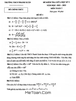 Đề thi giữa kỳ 1 Toán lớp 7 năm 2021 - 2022 trường THCS Thanh Xuân - Hà Nội