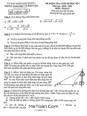 Đề thi học kì 1 Toán lớp 9 năm 2020 - 2021 phòng GD&ĐT Quận 2 - TP.HCM