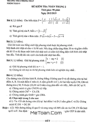 Đề kiểm tra Toán 9 tháng 2/2019 trường THCS Thống Nhất - Hà Nội
