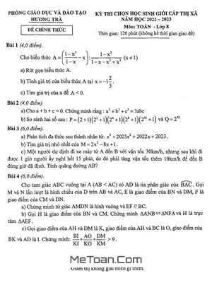 Đề thi học sinh giỏi Toán 8 năm 2022 - 2023 phòng GD&ĐT Hương Trà - TT Huế