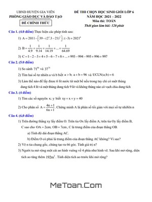 Đề thi học sinh giỏi Toán 6 năm 2021 - 2022 phòng GD&ĐT Gia Viễn - Ninh Bình