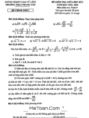 Đề thi giữa kì 1 Toán 9 năm 2023 - 2024 trường THCS Trung Văn - Hà Nội