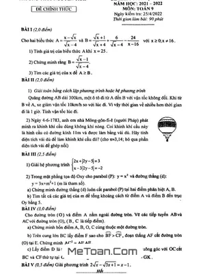 Đề thi học kì 2 Toán lớp 9 năm 2021 - 2022 trường THCS Nguyễn Trãi - Hà Nội
