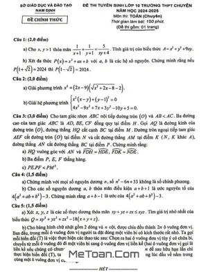 Đề Thi Vào Lớp 10 Chuyên Toán Sở GD&ĐT Nam Định Năm 2024 - 2025