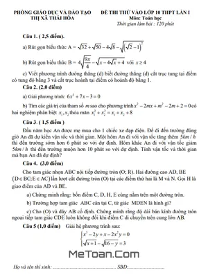 Đề thi thử Toán vào lớp 10 lần 1 năm 2023 - 2024 phòng GD&ĐT Thái Hòa - Nghệ An