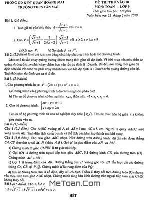 Đề thi thử vào lớp 10 môn Toán năm 2019 trường THCS Tân Mai - Hà Nội
