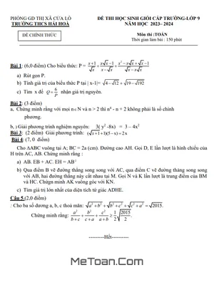 Đề thi học sinh giỏi Toán 9 năm 2023 - 2024 trường THCS Hải Hòa - Nghệ An