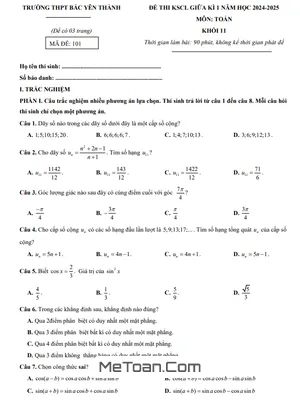 Đề giữa kì 1 Toán 11 năm 2024 – 2025 trường THPT Bắc Yên Thành – Nghệ An