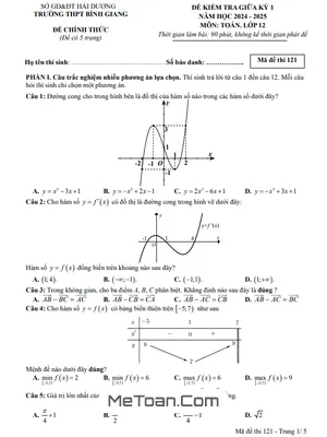 Đề thi giữa kỳ 1 Toán 12 năm 2024 - 2025 trường THPT Bình Giang - Hải Dương