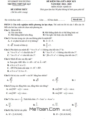 Đề Thi Giữa Kỳ 1 Toán 10 Năm 2024 - 2025 Trường THPT Kẻ Sặt - Hải Dương
