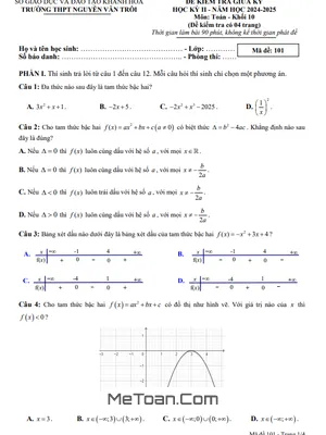 Đề thi giữa học kỳ 2 môn Toán 10 năm 2024 - 2025 THPT Nguyễn Văn Trỗi - Khánh Hòa