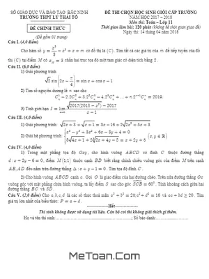 Đề thi chọn HSG Toán 11 cấp trường năm 2017 - 2018 trường THPT Lý Thái Tổ - Bắc Ninh