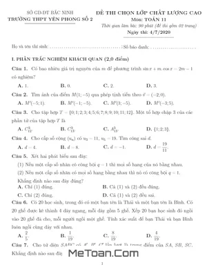 Đề chọn lớp chất lượng cao Toán 11 năm 2020 – 2021 trường Yên Phong 2 – Bắc Ninh