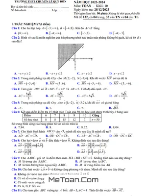 Trọn bộ Đề thi cuối kỳ 1 Toán 10 năm 2023 - 2024 trường THPT chuyên Lê Quý Đôn - Bình Định (có đáp án)