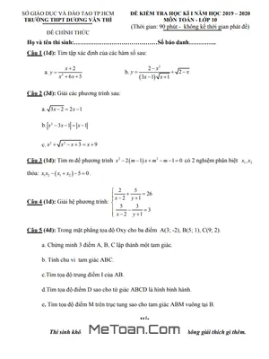 Đề thi học kì 1 Toán 10 năm 2019 - 2020 trường THPT Dương Văn Thì - TP.HCM (có lời giải)