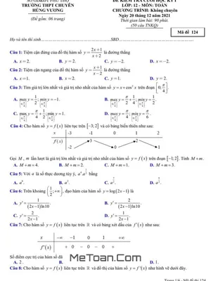 Đề thi học kỳ 1 Toán 12 năm 2021 - 2022 trường chuyên Hùng Vương - Phú Thọ