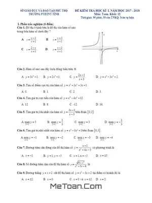 Đề kiểm tra học kỳ I Toán 12 năm 2017 - 2018 trường PTDTNT tỉnh Phú Thọ có lời giải