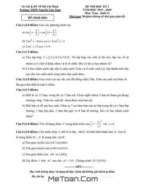 Đề thi HK1 Toán 11 năm 2019 - 2020 trường THPT Nguyễn Văn Tăng - TP.HCM