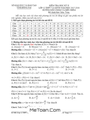 Đề thi HK2 Toán 12 năm học 2017 - 2018 sở GD&ĐT Đồng Nai - Có đáp án