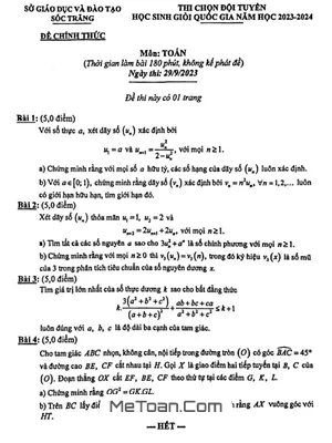 Đề chọn đội tuyển thi HSG QG môn Toán năm 2023 - 2024 sở GD&ĐT Sóc Trăng
