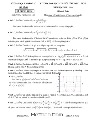 Đề thi chọn học sinh giỏi tỉnh Toán 12 năm 2019 - 2020 sở GD&ĐT Hà Tĩnh