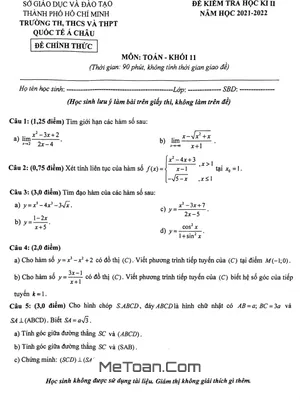 Đề thi học kỳ 2 Toán 11 năm 2021 - 2022 trường Quốc tế Á Châu - TP HCM