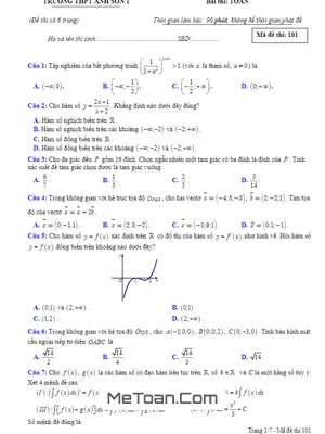 Đề Thi Thử Toán THPT Quốc Gia 2020 Lần 1 Trường THPT Anh Sơn 1 - Nghệ An