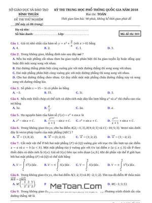 Đề thi thử THPT Quốc gia 2018 môn Toán sở GD&ĐT Bình Thuận