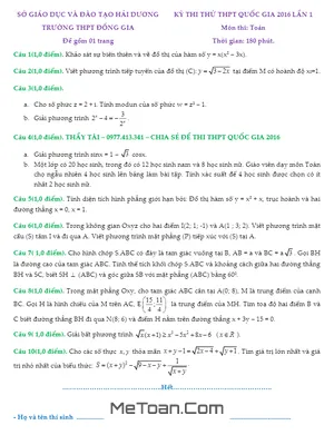 Đề thi thử THPT Quốc gia 2016 môn Toán trường Đồng Gia - Hải Dương lần 1 có đáp án