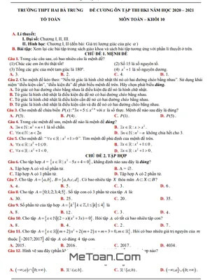 Đề Cương Ôn Tập HK1 Toán 10 Năm 2021 - 2022 Trường THPT Hai Bà Trưng - TT Huế