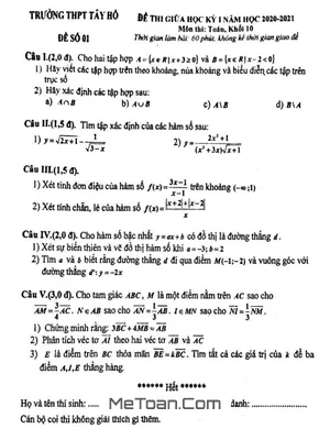 Đề thi giữa kì 1 Toán 10 năm 2020 - 2021 trường THPT Tây Hồ - Hà Nội