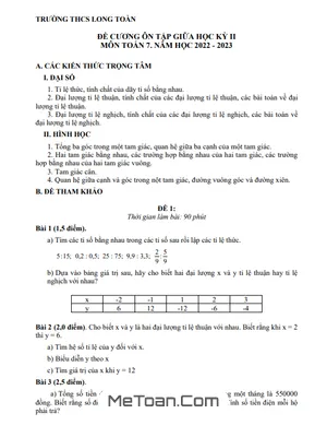 Đề Cương Ôn Tập Giữa Kì 2 Môn Toán Lớp 7 Năm 2022 - 2023 Trường THCS Long Toàn - BR VT