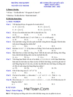 Đề Cương Ôn Tập Giữa Kì 1 Toán Lớp 6 Trường Nguyễn Tất Thành - Năm Học 2021 - 2022