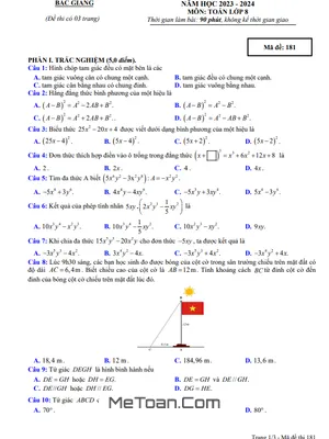 Đề thi học kì 1 Toán 8 năm 2023 - 2024 sở GD&ĐT Bắc Giang