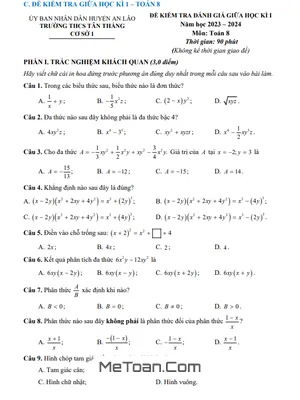 Đề thi giữa kì 1 Toán 8 năm 2023 - 2024 trường THCS Tân Thắng - Hải Phòng