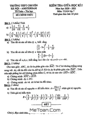 Đề thi giữa HK1 Toán 7 năm 2020 - 2021 trường chuyên Hà Nội - Amsterdam