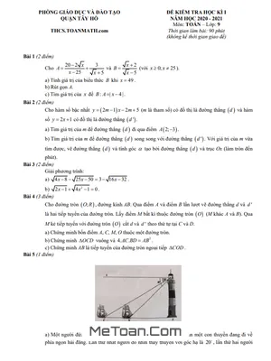 Đề thi học kì 1 Toán 9 năm 2020 - 2021 phòng GD&ĐT Tây Hồ - Hà Nội