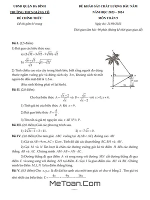 Đề khảo sát Toán 9 đầu năm 2023 – 2024 trường THCS Giảng Võ – Hà Nội