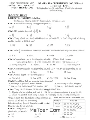 Đề thi cuối kì 2 Toán 6 năm 2023 - 2024 trường THCS Huỳnh Thúc Kháng - Đà Nẵng