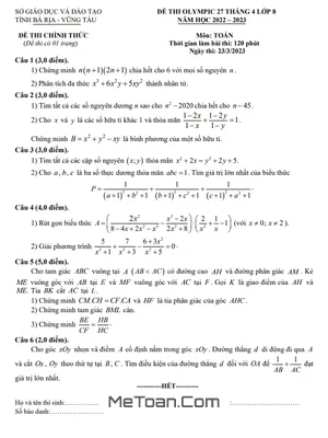 Đề Thi Olympic 27/4 Toán 8 Năm 2022-2023 Sở GD&ĐT Bà Rịa - Vũng Tàu