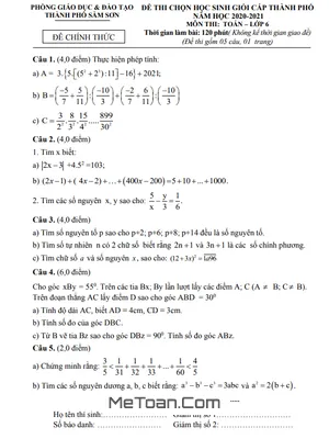 Đề thi HSG Toán 6 năm 2020 - 2021 phòng GD&ĐT thành phố Sầm Sơn - Thanh Hóa