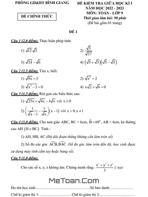 Đề thi giữa kì 1 Toán 9 năm 2022-2023 phòng GD&ĐT Bình Giang - Hải Dương