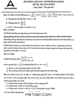 Đề thi học kì 2 Toán 9 năm 2021 - 2022 trường Archimedes School - Hà Nội