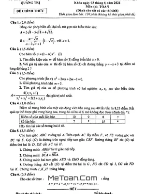 Đề thi tuyển sinh lớp 10 chuyên Toán Sở GD&ĐT Quảng Trị năm học 2021 - 2022