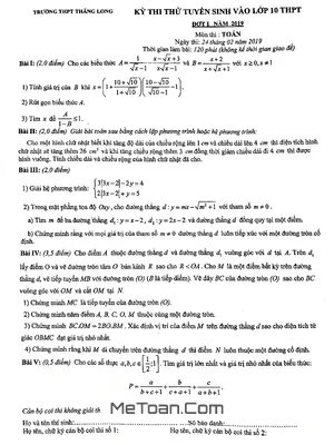 Đề thi thử Toán vào lớp 10 THPT đợt 1 năm 2019 trường Thăng Long – Hà Nội