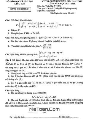 Đề thi học sinh giỏi cấp tỉnh môn Toán lớp 9 năm 2022 - 2023 sở GD&ĐT Lạng Sơn