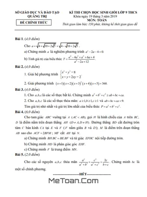 Đề thi HSG Toán 9 cấp tỉnh Quảng Trị năm học 2018 - 2019 có lời giải