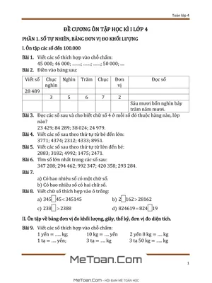 Đề Cương Ôn Tập Cuối Học Kì 1 Môn Toán Lớp 4 - 100 Bài